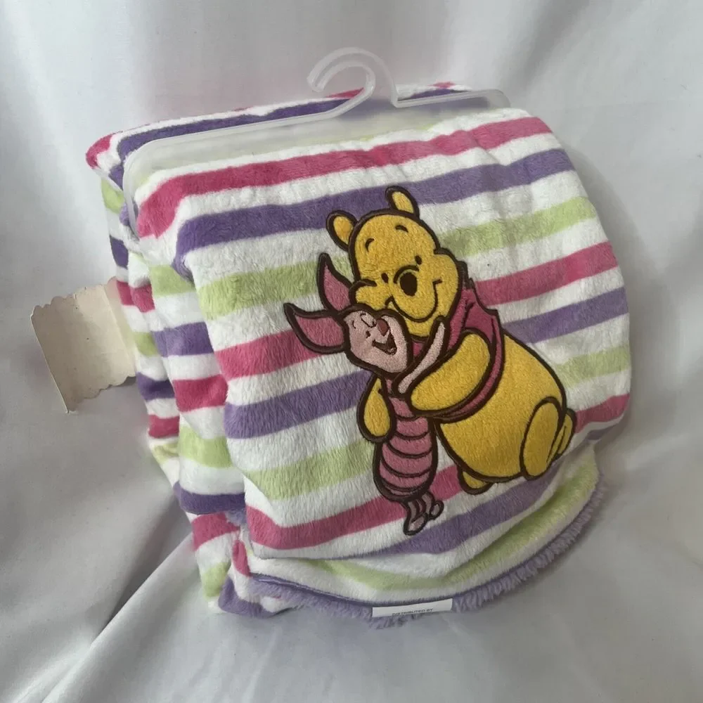 Disney Winnie The Pooh Piglet Pink Purple Green White Stripe Baby Blanket 30x40